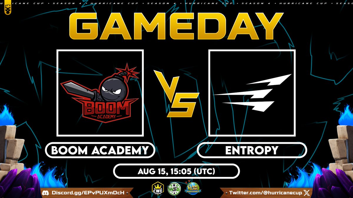 The most exciting match of today is Boom Academy vs Entropy! If you are hyped about this match, drop a like down below! Good luck to both teams!

⚔️ Boom Academy vs @Entropy_CoC
⏰ Aug 15 @ 15:05 UTC

#HurricaneOnTop | #ClashofClans