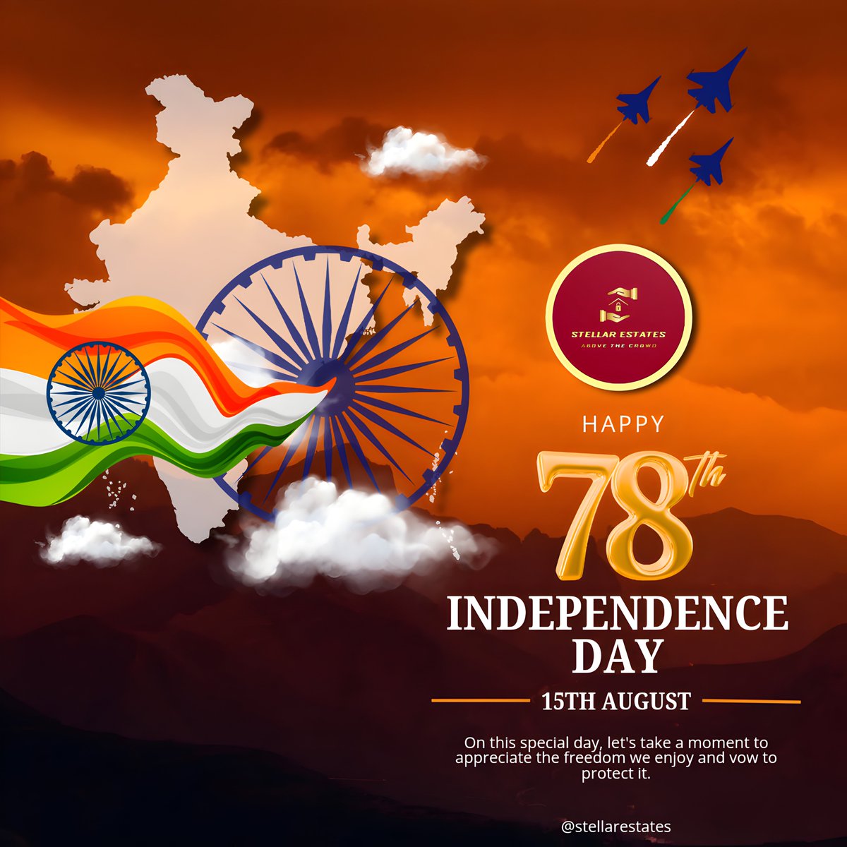 estates_stellar's tweet photo. "On this 15th August, 

we honor the spirit of freedom and the sacrifices that shaped our nation.

🇮🇳 Happy Independence Day!"

#independenceday #indiat77 #stellarestates #delhincr #india https://t.co/elOKM7gDUD