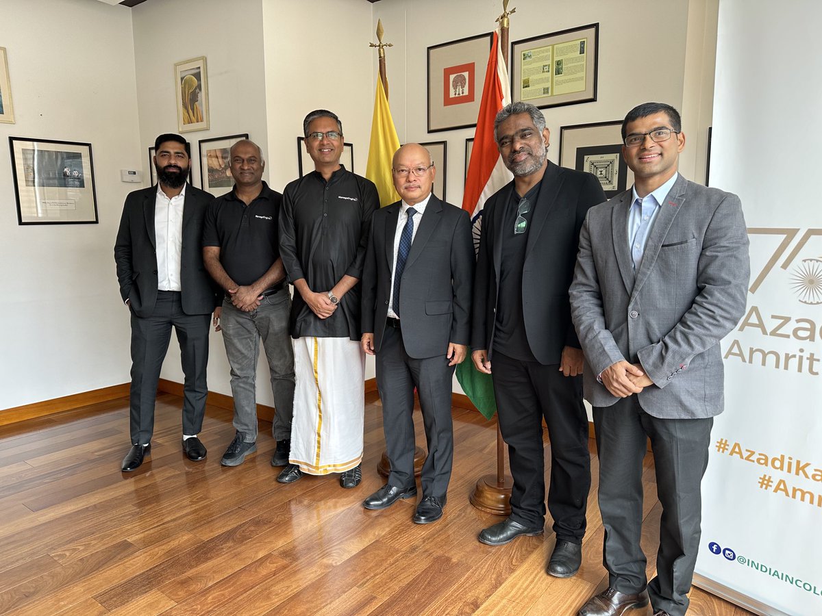 rajuv's tweet image. It was an honor for team Zoho to meet the Ambassador of India to Colombia and Ecuador, Vanlalhuma ji and Dr Vineeth Kumar ji in Bogota, Colombia. Looking forward to working together as we expand our presence in Colombia. ⁦@IndiaEmbBogota⁩ ⁦@rajesh05⁩