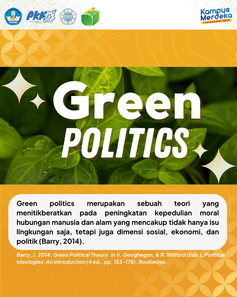 pkmgreenelect's tweet photo. Green Politics sebagai sebuah teori yang menurunkan konsepnya pada green election, mampu menjadi jalan untuk masa depan yang lebih berkelanjutan dan adil.

#greenelection #greenpionir #pemiluhijau https://t.co/pgoUUpWGdu