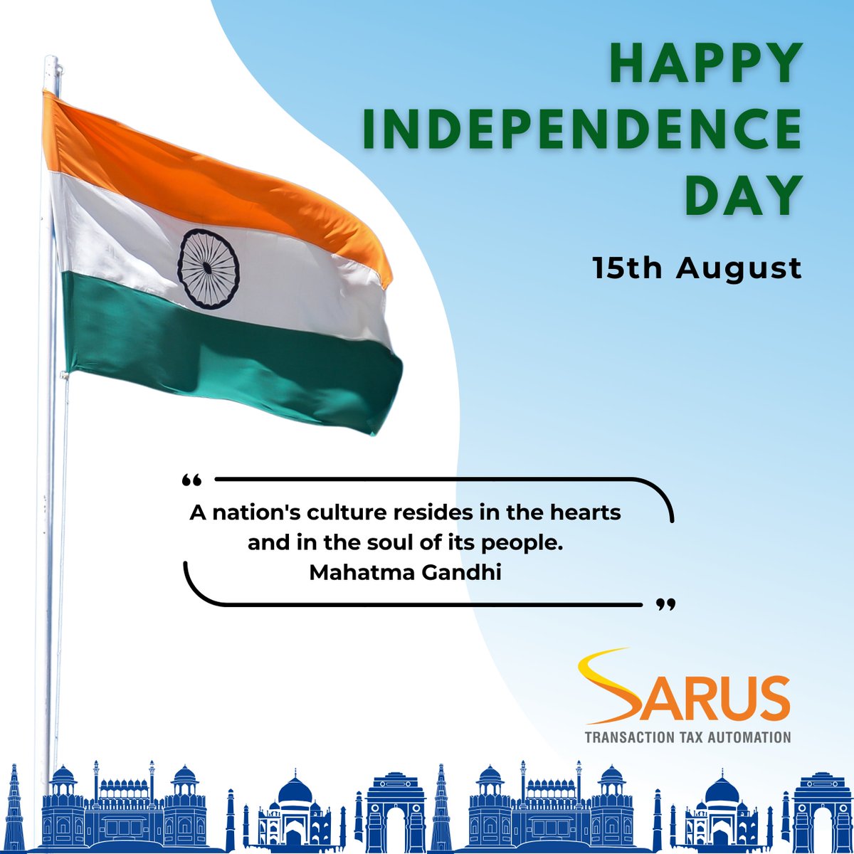 SarusInc's tweet photo. Greetings to all, on India Independence Day. 
.
.
.
#SarusInc, #IndependenceDay2024, #India, #independenceday, #JaiHind https://t.co/P8RL2x0ygd