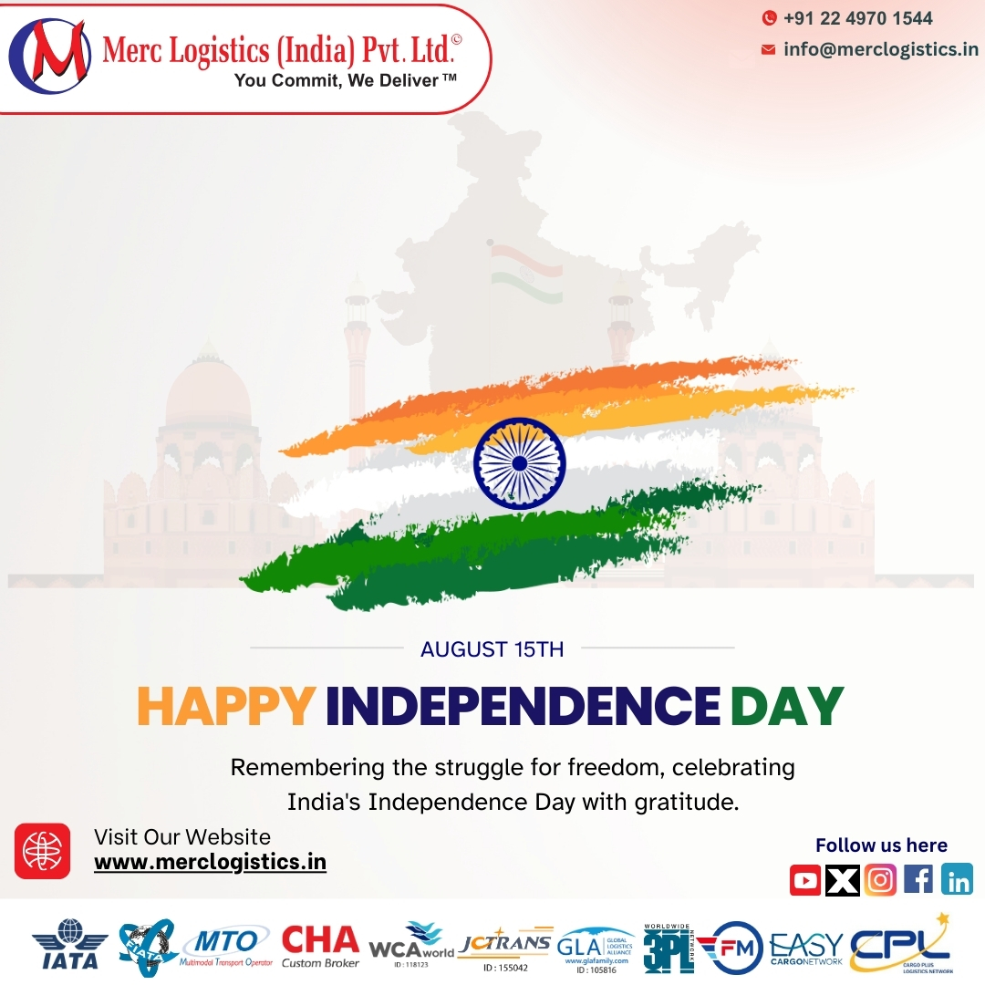 Merclogistics's tweet photo. Happy India Independence day!

Remembering the struggle for freedom, celebrating India's Independence Day with gratitude.

Visit Our Website for more queries 
https://t.co/YvbBIkCobT  🌐

#merclogistics  | #indiaindependenceday | #78thindependenceday | #proudtobeindian https://t.co/di6ZSfMxsL