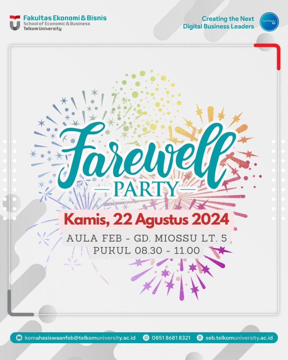 Agenda
1. Penghargaan wisudawan terbaik
2. Hiburan/Games/Hadiah/Doorprize
3. Info Beasiswa S2
4. Pembagian Souvenir, Medali, Selempang Cumlaude.
MOHON HADIR TEPAT WKT! Utk medali &amp; selempang akan dibagikn akhir acara farewell.
Wajib mengikuti gladi bersih wisuda pkl 13.00 di TUCH