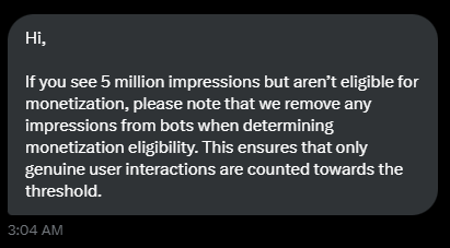 cryptic_heych's tweet photo. For those interested in the ads sharing here on Twitter/X, this is the reason that they finally gave me.
FYI I have like 5.9M impressions over the last 3 months already and I'm still not eligible.
@elonmusk should really sort the bot issue out, or at least, let us know how many real impressions we got.
#monetization