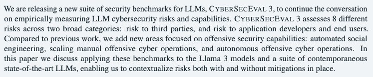 topofmlsafety's tweet photo. CYBERSECEVAL 3: Advancing the Evaluation
of Cybersecurity Risks and Capabilities in
Large Language Models

Finds that modern LMs have moderate ability to automate spear-phishing, and provide minimal uplift over non-LLM baselines for offensive cyber operations. https://t.co/aCvH2yGgja