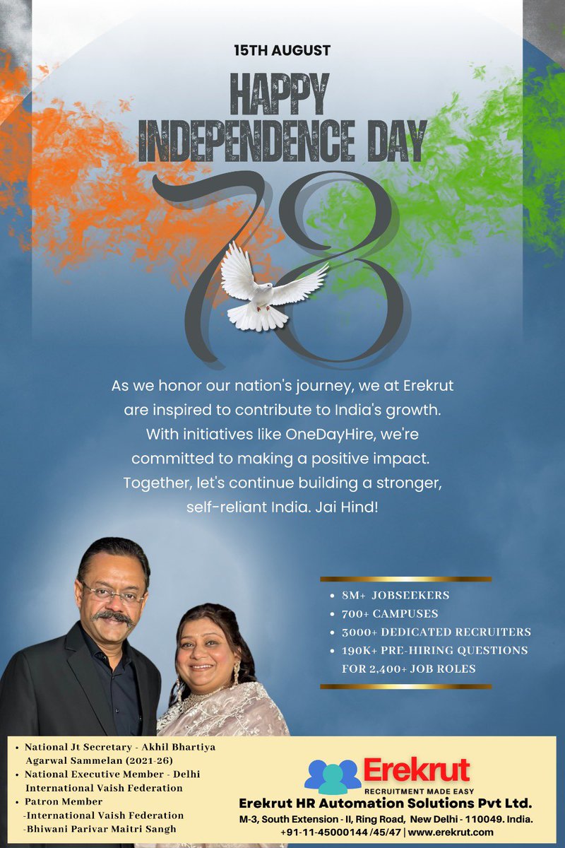 rgoyalerekrut's tweet photo. स्वतंत्रता दिवस की 78वीं वर्षगांठ पर हार्दिक शुभकामनाएं! @Erekrutofficial #IndependenceDay2024 https://t.co/pU7Qkr4pIH