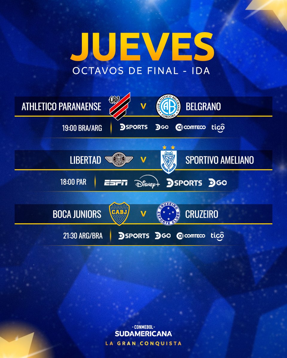 Sudamericana's tweet photo. 🤩🏆 Se cierran los partidos de ida de los Octavos de Final de la CONMEBOL #Sudamericana  

🔥 Los encuentros de este jueves.  

#LaGranConquista https://t.co/2pNx4LDpOf