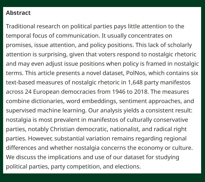 British Jnl Poli Sci (@bjpols) on Twitter photo #OpenAccess from our latest issue -
Nostalgia in European Party Politics: A Text-Based Measurement Approach - cup.org/46c8Wt1
- <a href="/ste_mueller/">Stefan M | @stefanmueller.bsky.social</a> & <a href="/so_proksch/">Sven-Oliver Proksch</a> #OpenAccess from our latest issue -
Nostalgia in European Party Politics: A Text-Based Measurement Approach - cup.org/46c8Wt1
- <a href="/ste_mueller/">Stefan M | @stefanmueller.bsky.social</a> & <a href="/so_proksch/">Sven-Oliver Proksch</a>