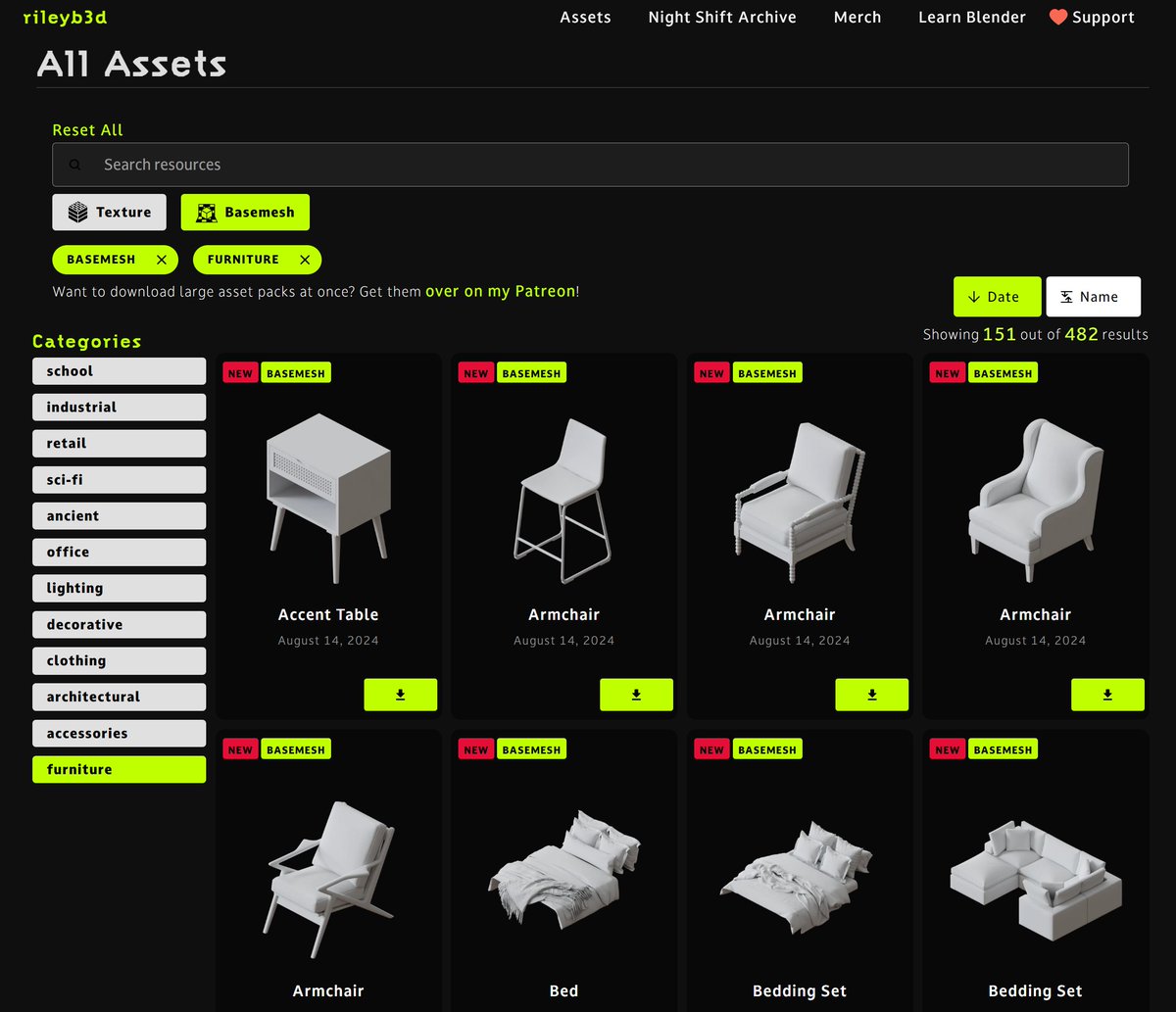 Introducing "basemesh" on my site.

Here's how I'm organizing everything:
Straight models and textures are free on my site. CC0. Use them for whatever, you're welcome! 

Trainings &amp; textured environment prop collections are exclusive to my Patreon. 

Go support!