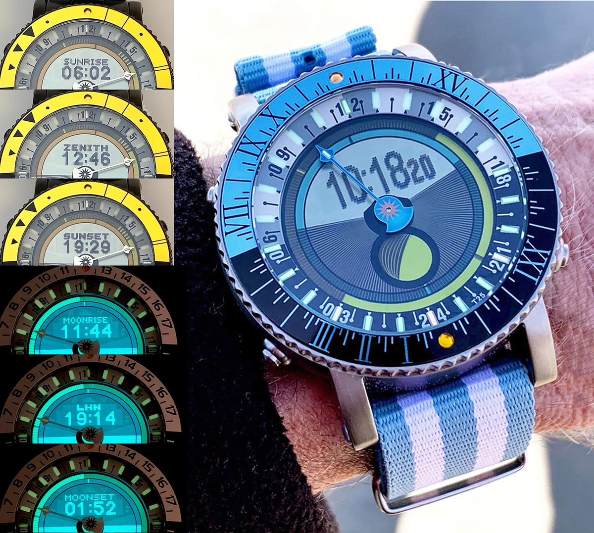 YesWatches's tweet photo. @time_gadgets Check out our web site for our unique watch collection that captures the daily, monthly and seasonal cycles of the sun and the moon to the minute for where you are. https://t.co/oqKXderuJ3 https://t.co/ebJHg4ygko