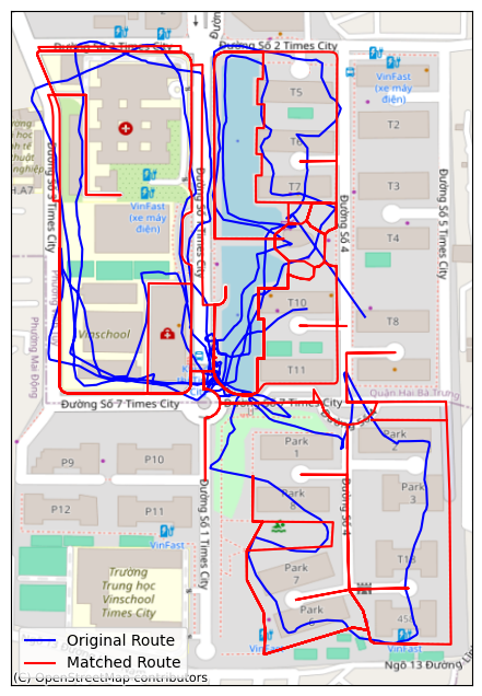 EvgenyArbatov's tweet image. If I drop non pedestrian ways from OSM and use OSRM route service right after OSRM match service, I get precise fit to streets. This works really well