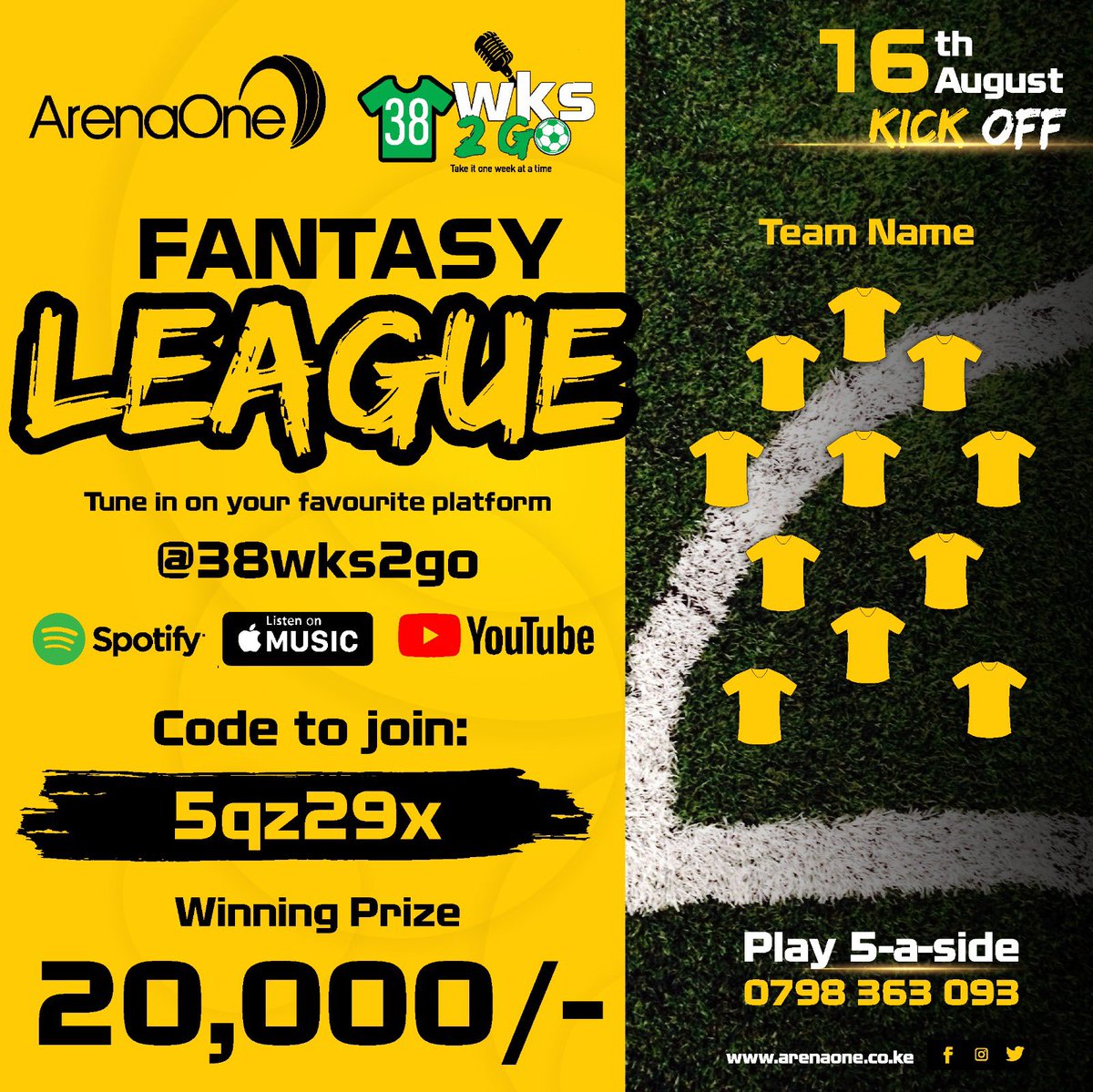 Get ready for the Arena One and <a href="/38wks2go/">38wks2go</a> Fantasy League Challenge 2024/25. Assemble your dream team, compete against the best, and stand a chance to win Kshs 20,000 at the end of the season. Are you ready? Use the code below to join.
Entries will be closed soon.
#mya1moment