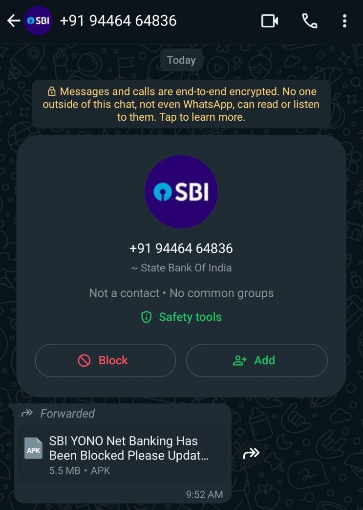 aachellis's tweet photo. @TheOfficialSBI @KolkataPolice someone has attempted to send me a corrupted apk pretending to be SBI. Please look into this matter. https://t.co/6IskCHyOR3