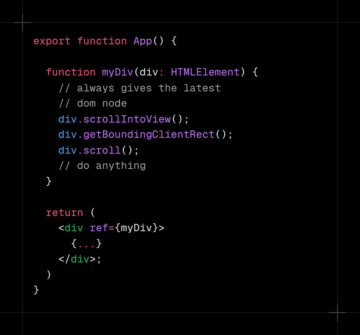 ankurpsinghal's tweet image. #ReactTip

Do you know the React elements `ref` property accepts 2 types of values:

type Ref = RefCallback | RefObject

RefObject is an interface with a `current` prop, but RefCallback is a function type, where the framework passes the HTML node as an argument.

Check the…