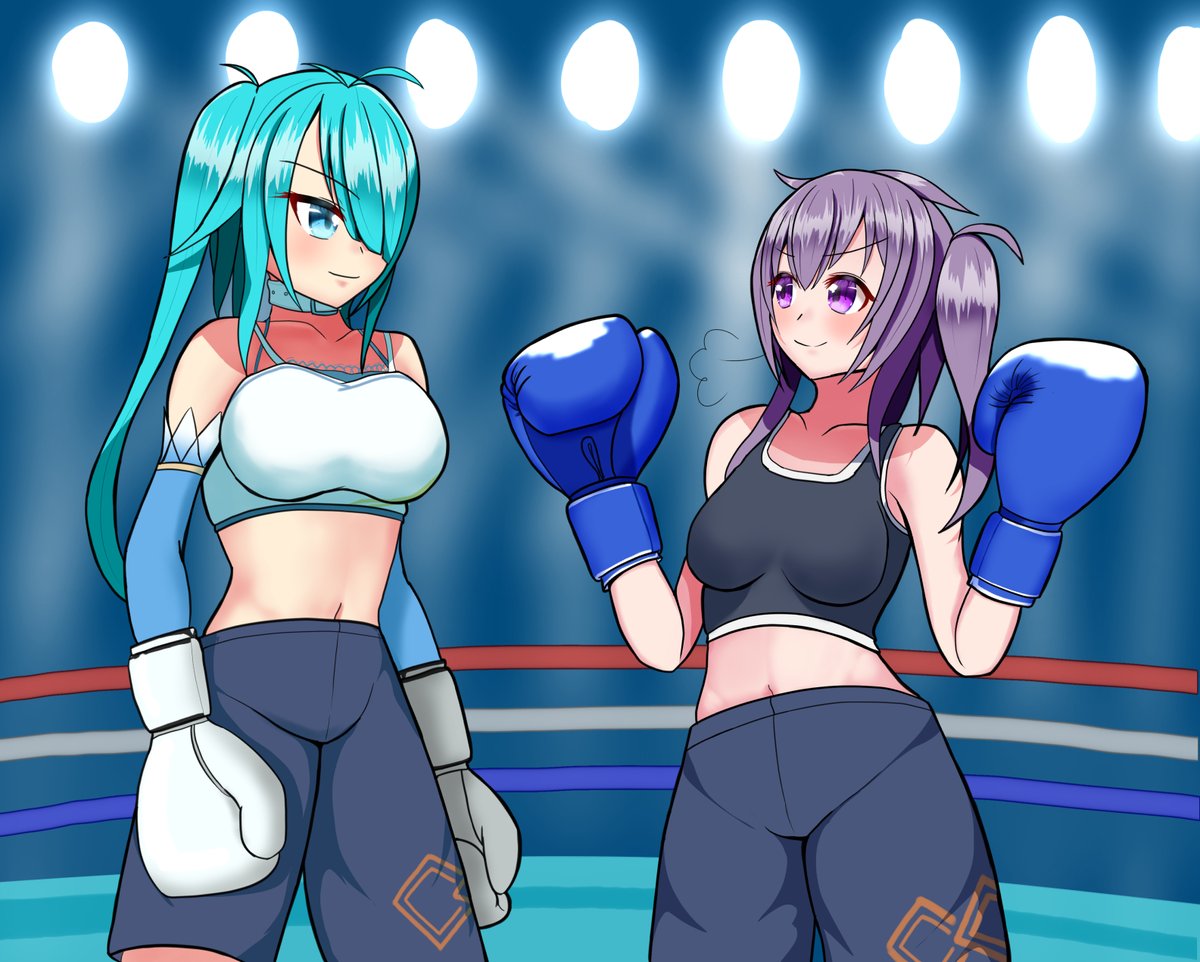 ＃ボクシング　＃ボクサー　#女子ボクシング 
先日うちの桃塚姉妹とのコラボ小説を書いてくださったお礼に時真カイさん（<a href="/Wakabainhaku/">時真カイ</a>）のうちの水無月忍矢ちゃんと赤羽紫白ちゃんを描かせていただきました！お二人とも可愛ゆすぎるぅ……🥰