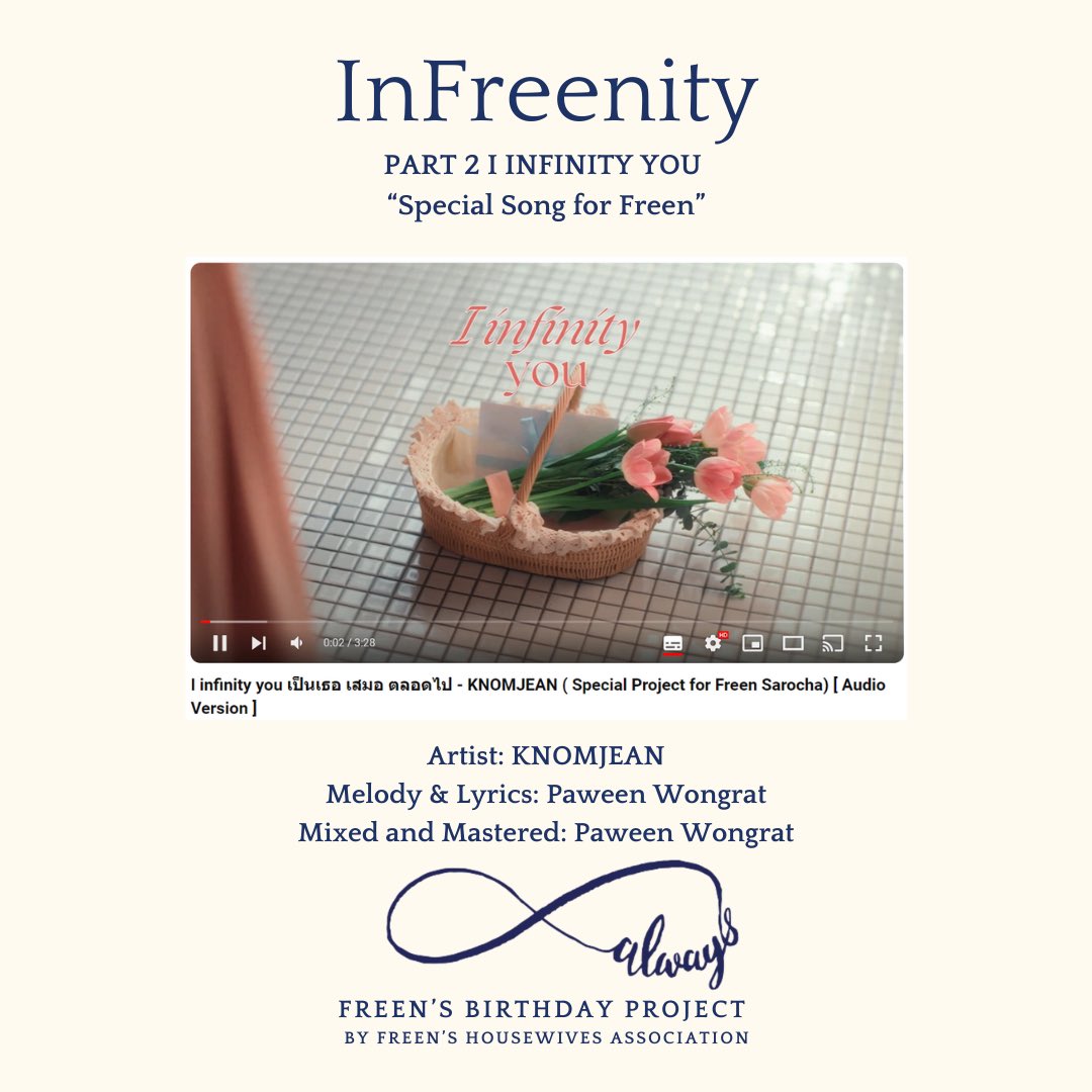 freenhousewives's tweet photo. Project: InFreenity ♾🌷
For #srchafreen
By @freenhousewives

𝐏𝐀𝐑𝐓 2 ——

Single: 𝙄 𝙞𝙣𝙛𝙞𝙣𝙞𝙩𝙮 𝙮𝙤𝙪 (เป็นเธอ เสมอ ตลอดไป)
Link: https://t.co/me3PIR0ofa

Artist: KNOMJEAN
Melody: Paween Wongrat
Lyrics: Paween Wongrat
Arrange: Paween Wongrat
Mixed and Mastered: Paween Wongrat

ทุกๆ ส่วนของเพลงนี้ถูกเติมเต็มให้สมบูรณ์ด้วยผู้คนที่รักฟรีน และหวังให้ฟรีนมีความสุขและมีรอยยิ้มอยู่เสมอ ทางแฟนคลับขอขอบคุณพี่ปินปินและพี่ข��มจีนที่มาร่วมโปรเจคนี้กับพวกเราด้วยนะคะ 

ขอให้เพลงนี้เป็นตัวแทนความรักของพวกเราทุกคนเพื่อส่งถึงฟรีน ให้ฟรีนได้รู้ว่าฟรีนมีค่ากับพวกเรามากแค่ไหน ให้เพลงนี้คอยบอกฟรีนว่าพวกเราขอบคุณสำหรับความสุขที่ฟรีนได้มอบให้พวกเรา ขอให้ความรักที่พวกเรามีให้กันมีระยะเป็นอนันต์ 

"สุขสันต์วันเกิดนะคะฟรีนของพวกเรา🎂"

𝐏𝐀𝐑𝐓 2 ——

Every part of this song is made complete by the people who love Freen, wishing her endless happiness and smiles. The fans would like to thank P’Pinpin and P’Knomjeen for joining us in this project.

May this song represent all our love for Freen, letting her know how much she means to us. Let this song remind Freen that we are grateful for the happiness she brings us. May the love we share be infinite.

"Happy Birthday to our dear Freen 🎂"