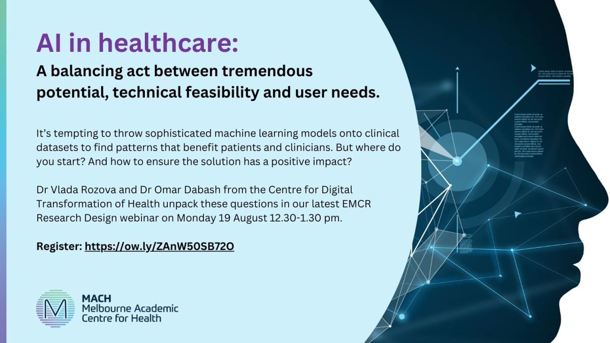 Centre for Digital Transformation of Health (@dt4health) on Twitter photo 🚀Join <a href="/MACHAustralia/">Melbourne Academic Centre for Health</a> EMCR Research Design Webinar Series with Dr Vlada Rozova and Dr Omar Dabash, CDTH, to learn about the balancing act between tremendous potential, technical feasibility and user needs. 🖱️Register here: unimelb.zoom.us/meeting/regist…
#AIinhealthcare #digitalhealth 🚀Join <a href="/MACHAustralia/">Melbourne Academic Centre for Health</a> EMCR Research Design Webinar Series with Dr Vlada Rozova and Dr Omar Dabash, CDTH, to learn about the balancing act between tremendous potential, technical feasibility and user needs. 🖱️Register here: unimelb.zoom.us/meeting/regist…
#AIinhealthcare #digitalhealth