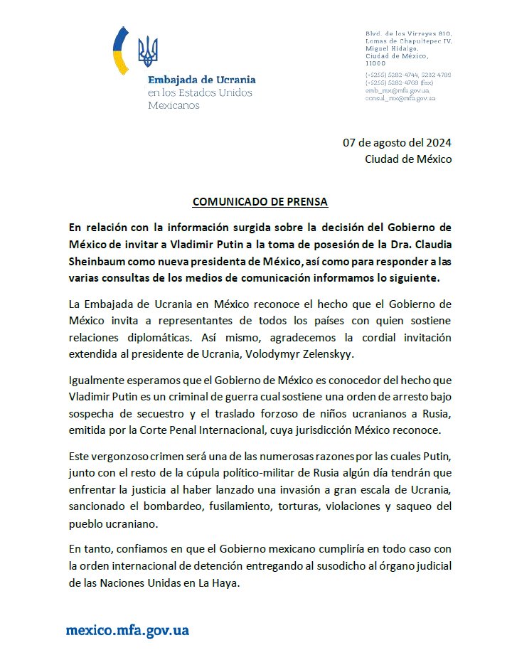 azucenau's tweet photo. #ALMOMENTO | Embajada de Ucrania en México agradece invitación a Volodimír Zelenski a la toma de protesta de Claudia Sheinbaum y confía en la detención de Vladimír Putin al tocar suelo mexicano https://t.co/LUUAYx3KJ4