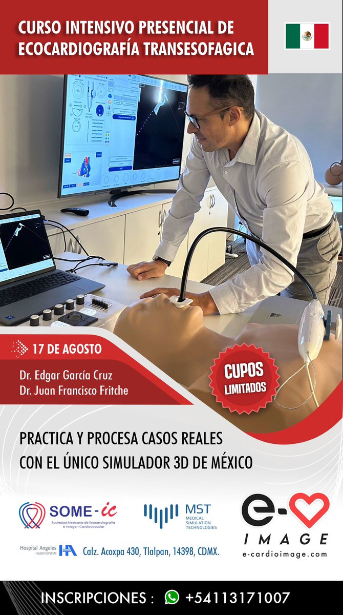 El día 17 de Agosto se realizará el curso intensivo presencial de Ecocardiografia Transesofágica en México 🇲🇽. 

Inscripción al WhatsApp: +54 11 3171 0007

Team e-cardioimage