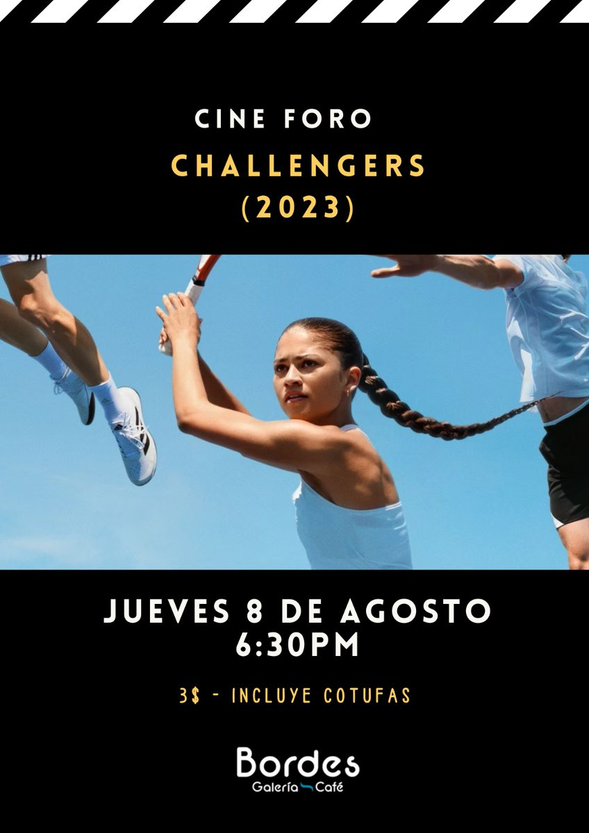 Este jueves en Bordes los esperamos como siempre a las 6:30pm para el cine foro semanal.

Challengers, el más reciente film de Luca Guadagno

Una exploración sobre el poder en las dinámicas interpersonales, una mirada a la ambición y el estrés del atleta de alto rendimiento.