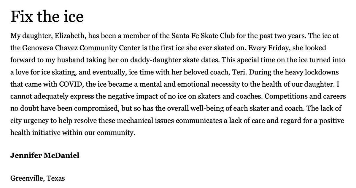 SantaFeSC's tweet image. “Competitions and careers no doubt have been compromised, but so has the overall well-being of each skater and coach.”

Jennifer McDaniel - Letter to the Editor of @thenewmexican
