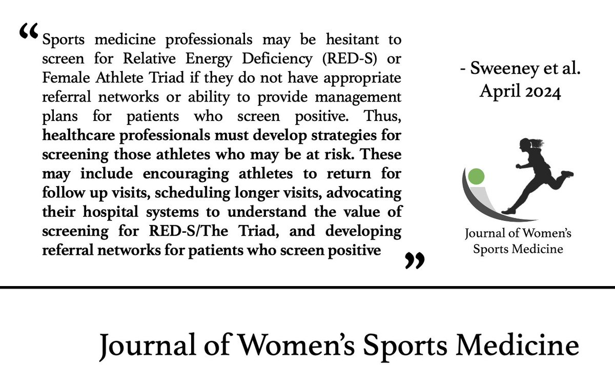 JWomenSportsMed's tweet photo. Our latest issue discusses screening among #Pediatric #SportsMedicine professionals for #RelativeEnergyDeficiency in #Sport and #FemaleAthleteTriad
Learn more at:
https://t.co/Bv9fgkfZ33
@madisonbrna @HowellDR @AubreyArmentoMD, @gabbygilmer @CFranklinMD https://t.co/bRxftV6Y5w