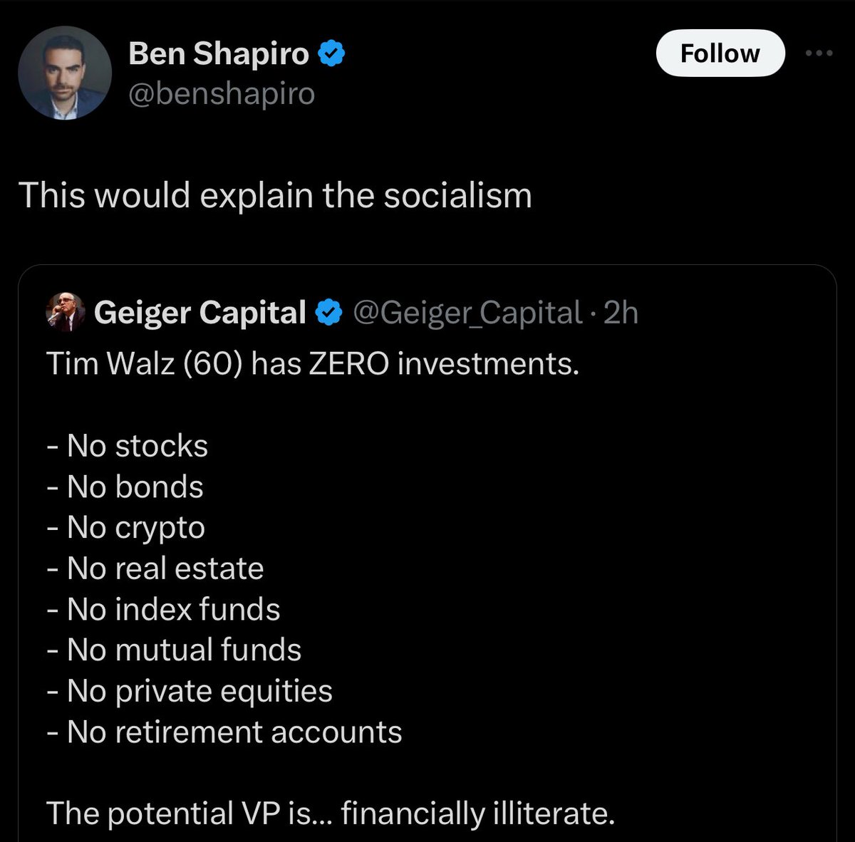 RightWingCope's tweet photo. According to Ben Shapiro: 
- Pelosi trading socks: bad
- Walz keeping himself free from conflicts of interest: bad

Damned if you do, damned if you don’t! https://t.co/snmH8pVncF