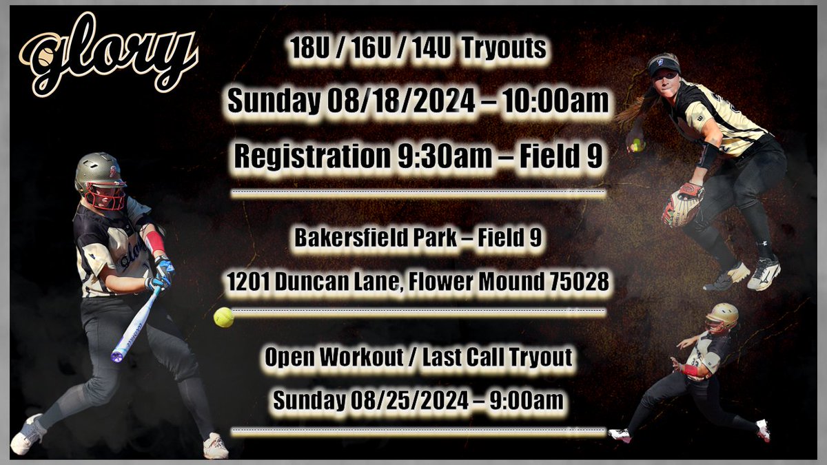 Come join our Glory Adkins softball family.  We are having open tryouts on 08/18/2024 10am at Bakersfield Park in Flower Mound Texas.  Visit us @  txglory.net