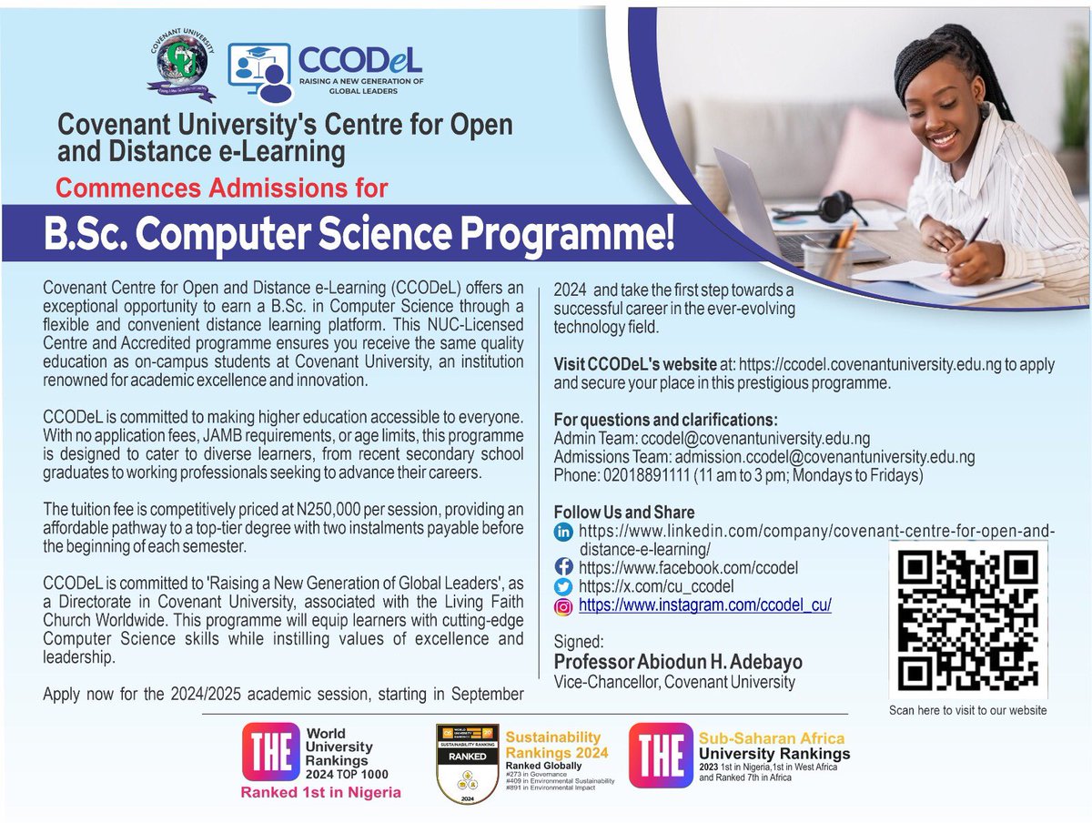 A Follow-Up on Our Recent Announcement‼️

In line with Vision 7:2030 of the University, as declared by our Chancellor, Dr. David O. Oyedepo, the Covenant Centre for Open and Distance e-Learning (CCODeL) is open for applications.🚀🚀🚀🚀