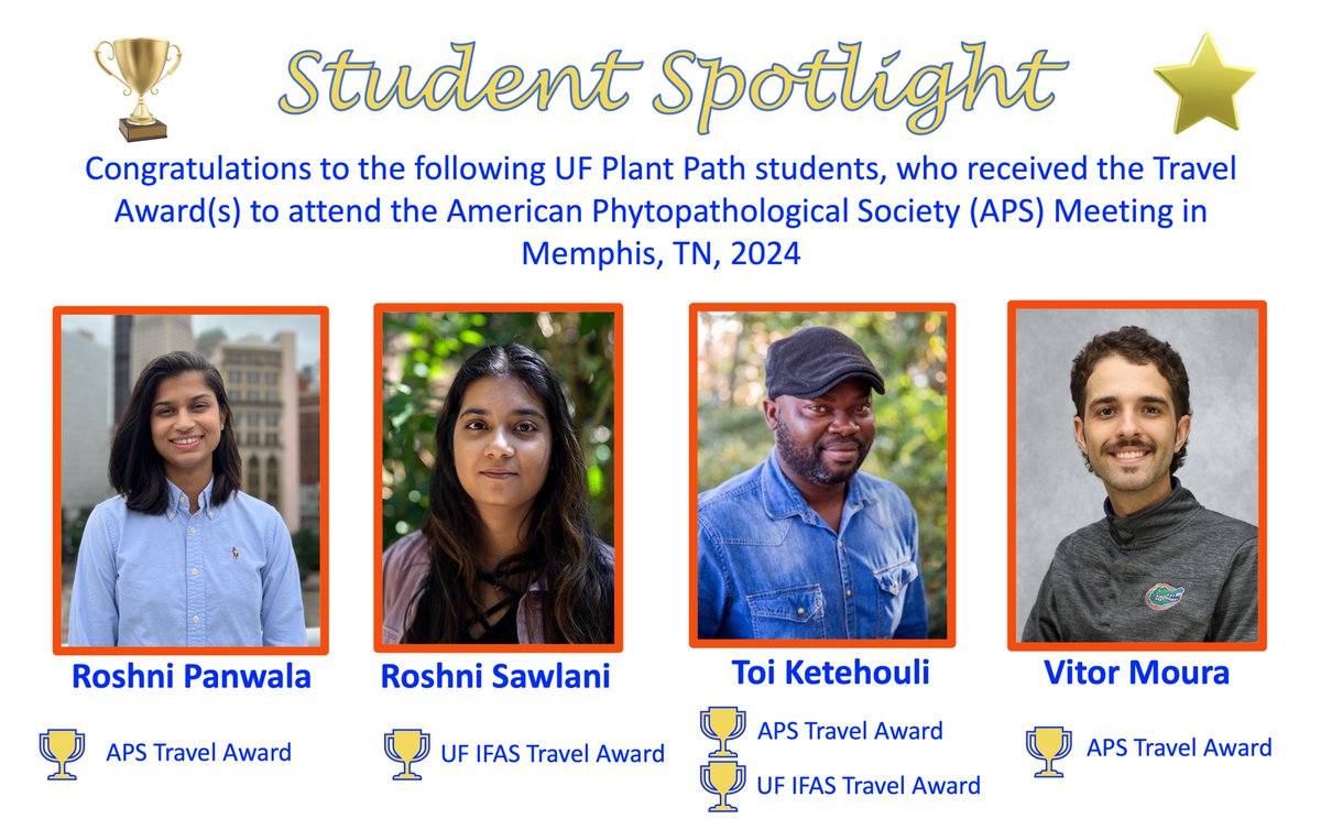 Proud of <a href="/UFPlantPath/">UF/IFAS Plant Pathology Department</a> graduate students and their Travel Awards to the APS #PlantHealth2024 meeting: <a href="/inhsor_23/">Roshni Panwala</a>, Roshni Sawlani, <a href="/ketehouli_t/">Toi Ketehouli</a>, <a href="/vitoramoura2/">Vitor Moura</a>! Congrats!