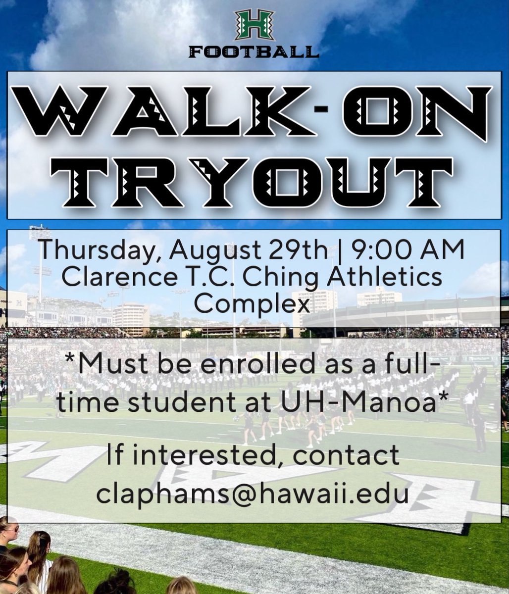 🚨 Calling all UH Students! 🚨 Do you have what it takes to be a D1 football player? Our official tryout date has been set, see you soon! 

<a href="/HawaiiFootball/">Hawaii Football</a> #BRADDAHHOOD