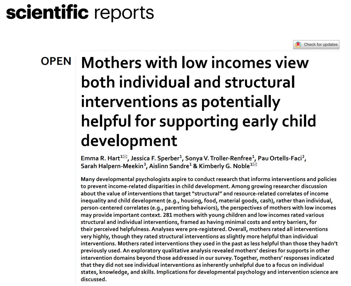 Would Dev Psych be better off focusing on interventions that target structures &amp; resources instead of parents? We asked 281 moms with low incomes. The answer: Moms saw both types of interventions as potentially very helpful for supporting early child dev. nature.com/articles/s4159…