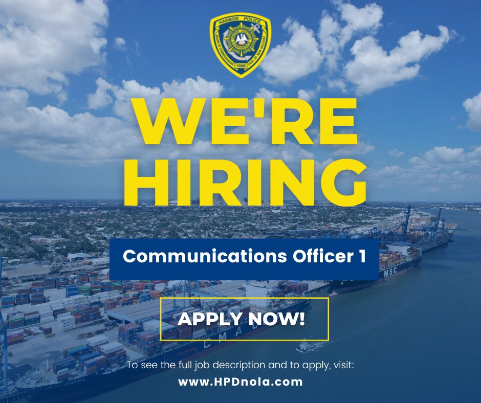 NolaHarborPD's tweet photo. #HPD is currently seeking qualified candidates for the position of Communications Officer 1. In this role, you will serve as a critical touch point for all incoming  emergency and non-emergency calls. For more info visit https://t.co/3dGg0tNEln.

#HonorPrideDedication https://t.co/peaboIYMcP