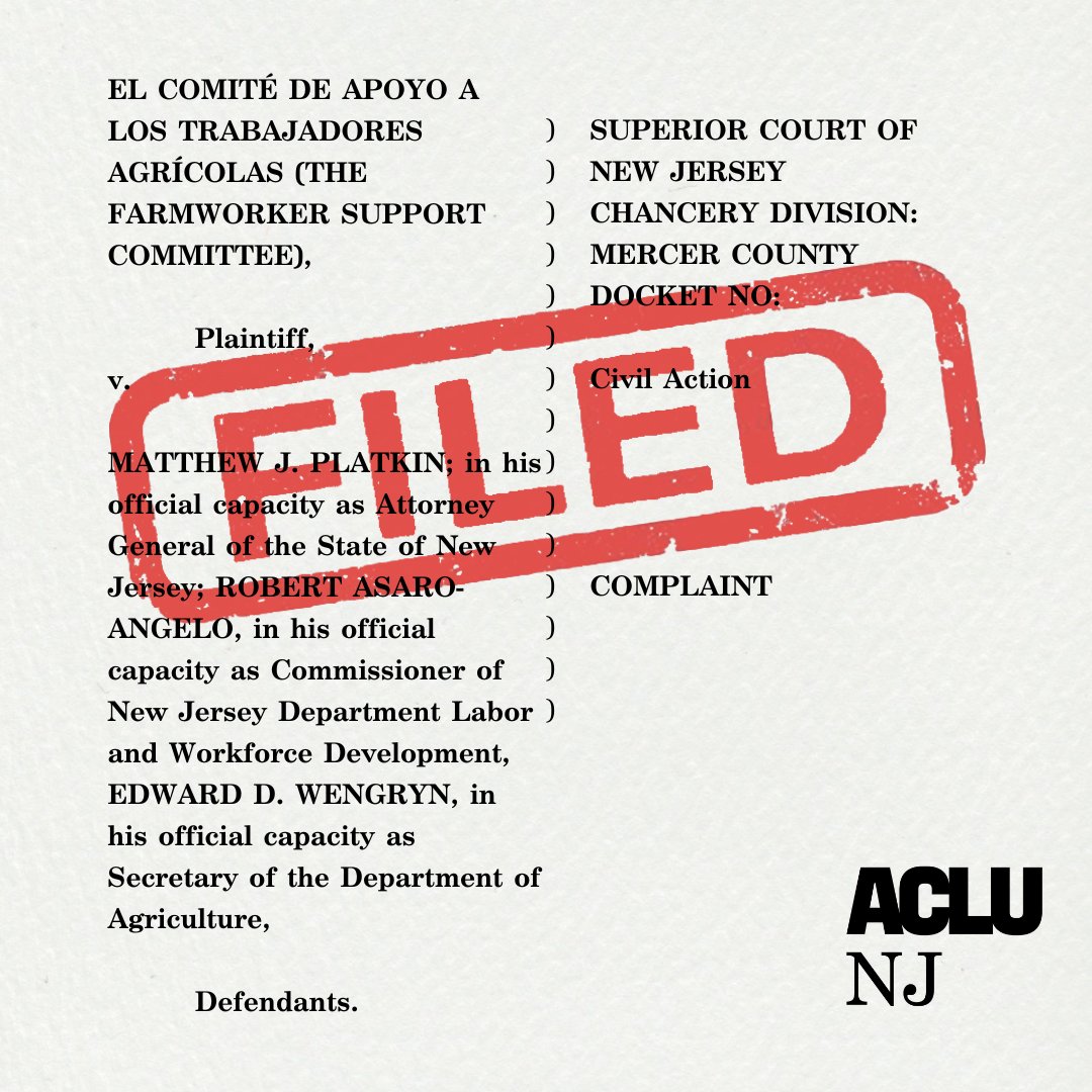 Farmworkers in NJ are wrongfully denied equal pay and overtime protections, undermining equality &amp; violating the state constitution.

Today, with <a href="/SetonHallLaw/">Seton Hall Law</a> &amp; <a href="/ACLU/">ACLU</a>, we filed a complaint on behalf of <a href="/CATAMigrantes/">C.A.T.A.</a>.  

Read more: aclu-nj.org/en/press-relea…