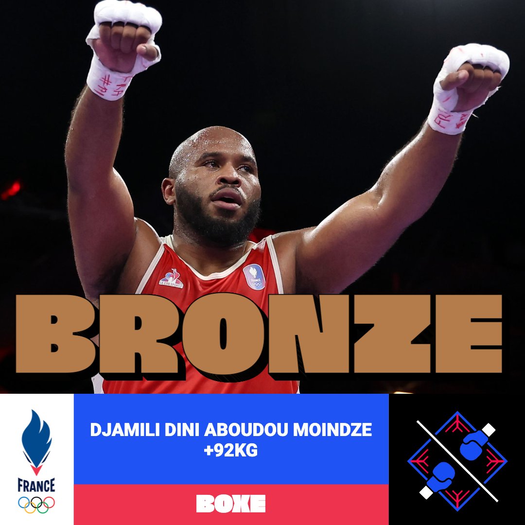 EquipeFRA's tweet photo. DJAMILI DINI EN BRONZE 🥉

Quel parcours de notre boxeur tricolore ! Djamili Dini Aboudou Moindze remporte sa première médaille olympique. 

#AllezLesBleus #Paris2024 https://t.co/KWSahdo592