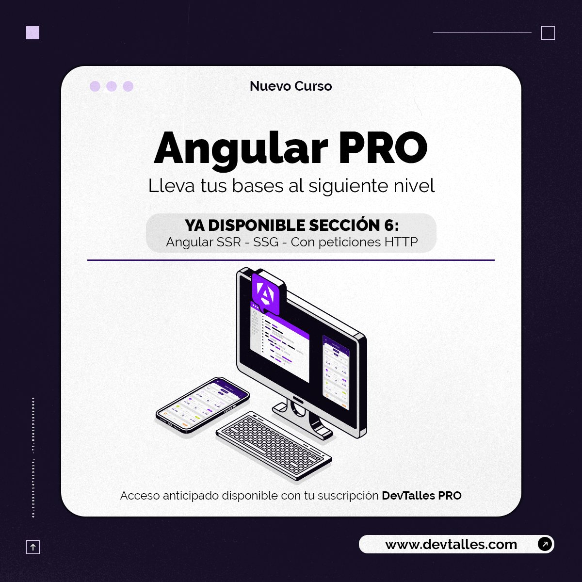 DevTalles's tweet image. 🅰️ ¡Actualizado el curso en construcción: #Angular PRO - Lleva tus bases al siguiente nivel!
🆙Sección 6: #AngularSSR - #SSG - Peticiones #HTTP
🚀 Obtén Acceso Anticipado al curso con tu Suscripción DevTalles PRO activa, desde tu portal de estudiante o: cursos.devtalles.com/courses/angula…