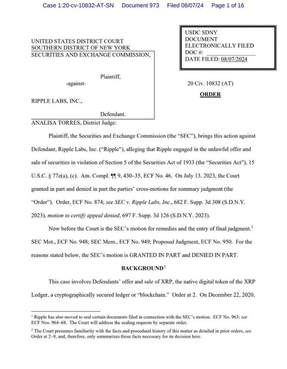 JUST IN: Judge orders #Ripple to pay $125M in civil penalties, officially ending the SEC's lawsuit &amp; concluding $XRP is not a security.