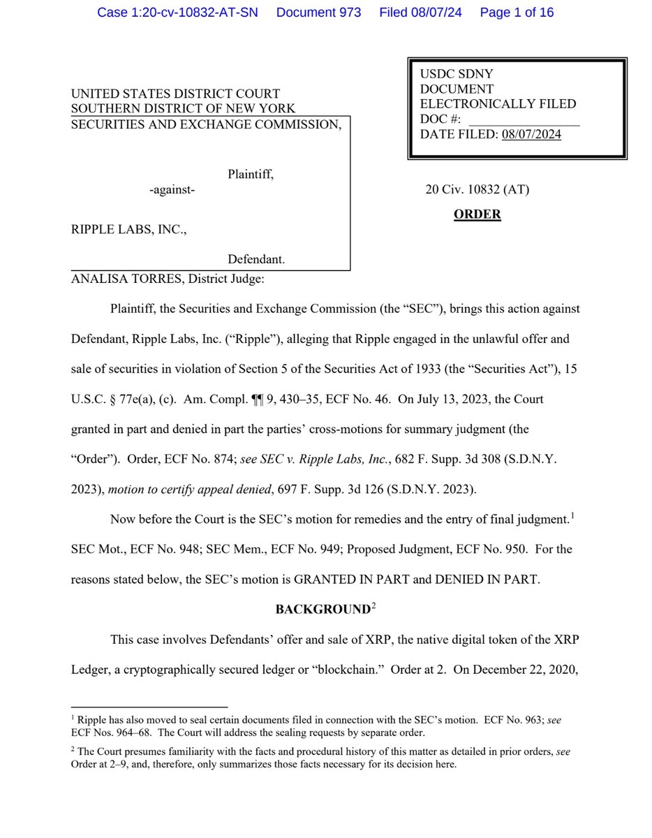 XRPBreakingNews's tweet photo. 🚨THE CASE IS OVER:

▪️Judge Torres has ruled #Ripple pay $125M to the SEC in remedies
▪️#XRP is not a security - per Summary Judgement
▪️The SEC can no longer bring legal proceedings with #XRP being the only crypto w/ legal clarity

The #XRPCommunity is victorious after 4 years https://t.co/9imI8N7eyE