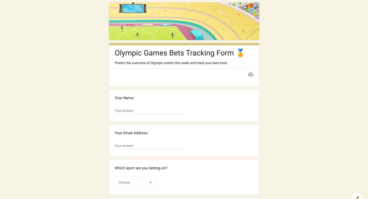 googledocs's tweet image. Who needs Vegas when you&apos;ve got #GoogleForms? Track your Olympic office bets and watch the drama unfold in real-time. May the odds be ever in your favor (or at least, in your spreadsheet). 🥇🥈🥉 → goo.gle/4ddMXVc