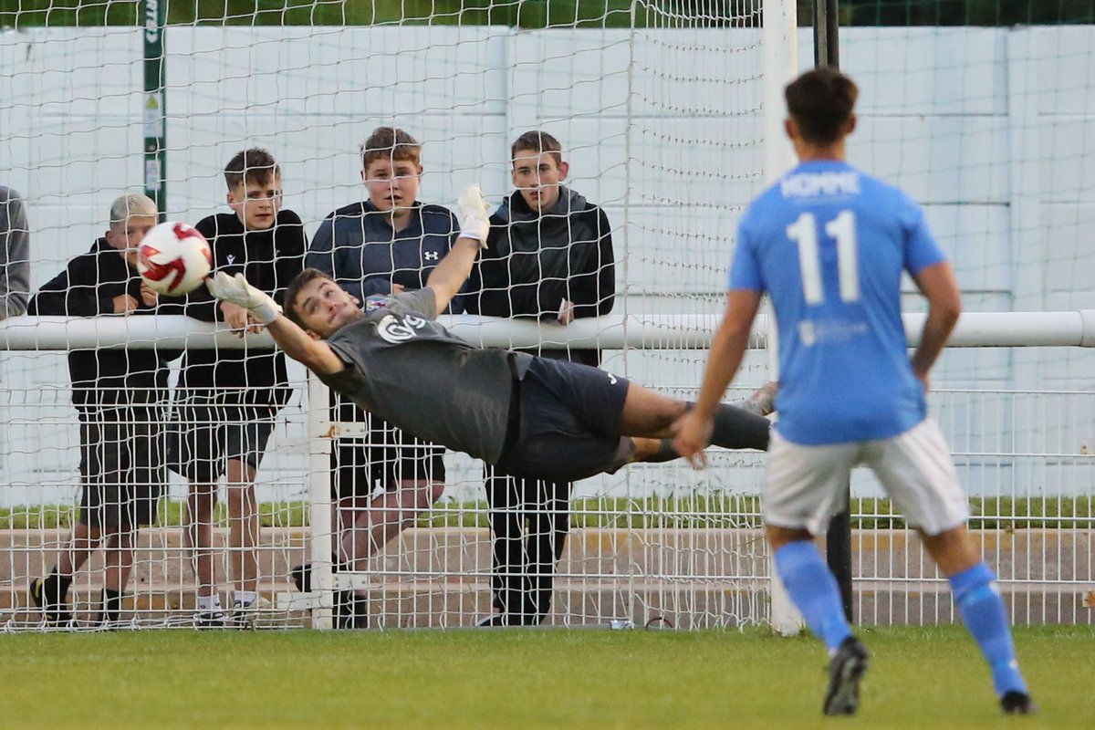 AlunInHope's tweet photo. @Jiff_Smith of @moldalexfc1929 makes a fantastic save in last night's match against @Bangor1876 with the score 0-0 before two strange refereeing decisions - one not to award a penalty for the Alex and another for not awarding a foul on Taylor Edwards before the Bangor opener. https://t.co/1iVvGkBI2B