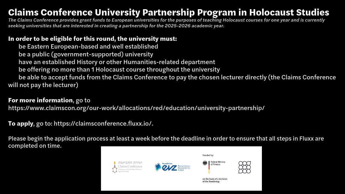#HolocaustEducation: EUR 30,000 grants for universities in East, Central, and Southeast Europe to teach about the #Holocaust. Apply by Nov 13, 2024, for the 2025-2026 Claims Conference University Partnership in Holocaust Studies. claimscon.org/our-work/alloc…