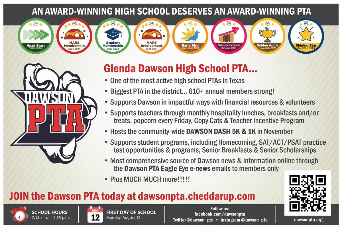 dawson_pta's tweet photo. It's NOW TIME to join your award-winning, top-notch Glenda Dawson High School PTA this year... it's THE best investment to support your Dawson Eagle, their teachers, and our school. An A+ campus deserves an A+ PTA!
Join the Dawson PTA today at https://t.co/r1K0dVYmKQ https://t.co/D7ax2KHNSg