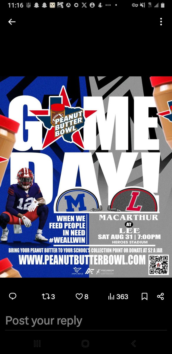 BroughtRandy's tweet photo. @PeanutButterBwl @LEEVolsFootball That time of year again, Let's support the LEE community and donate Peanut butter. #WeAllWin. #CastleHillsHEB https://t.co/ujDqL6jRS5