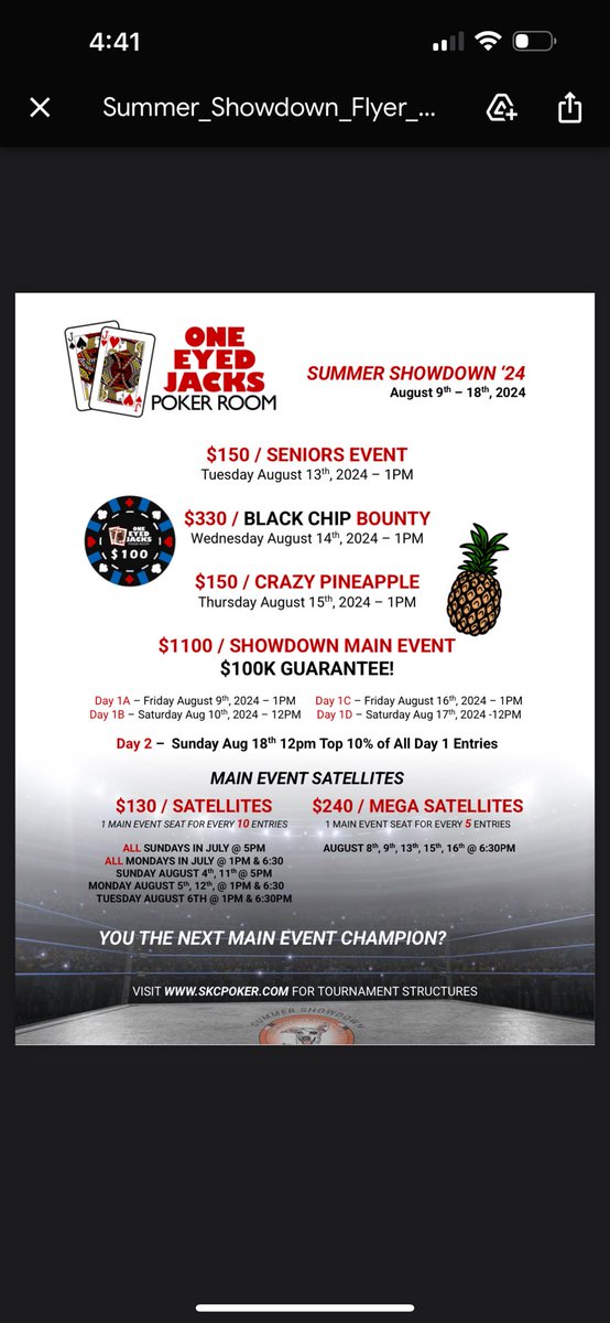1EyedJackspoker's tweet photo. Friday August 9th is the start of our 2024 Summer Showdown.  There are 4 flights to our $1100 buy-in  100K guaranteed main event.   There are 4 championship belt events  up for grabs this series.  Satellites are running for $130.  Check the flyer below for all the details. https://t.co/iJwkz51F8z