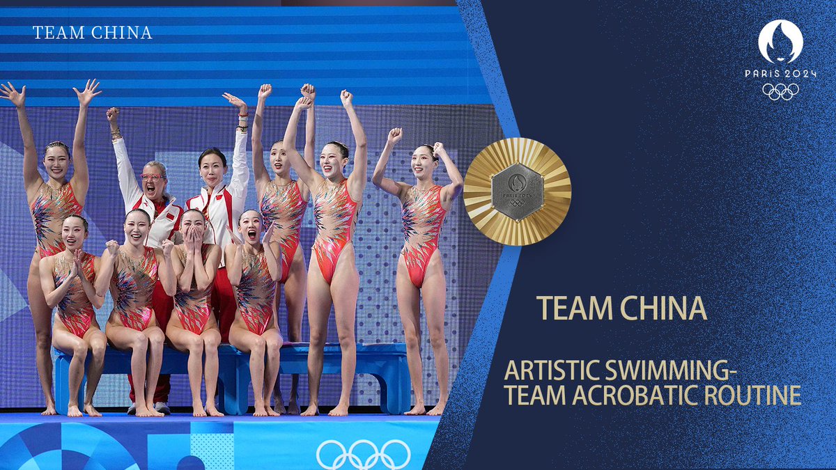 OlympicsCN's tweet photo. Proud of you girls! You've just pocketed the FIRST ever #gold medal for Team China in #ArtisticSwimming !
Your artistry performance created a historic moment to remember. #Paris2024 https://t.co/dPv4NjH3X5