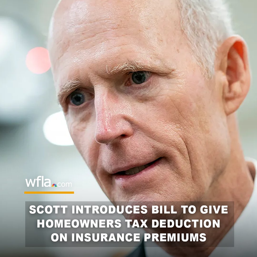 WFLA's tweet photo. Sen. Rick Scott (R-Fla.) introduced a bill Wednesday that would provide homeowners a tax deduction on home insurance premiums, while blaming the Biden-Harris Administration for property insurance costs, interest rates and inflation. https://t.co/PDX37Vh0Wk https://t.co/pIeqsilwmz