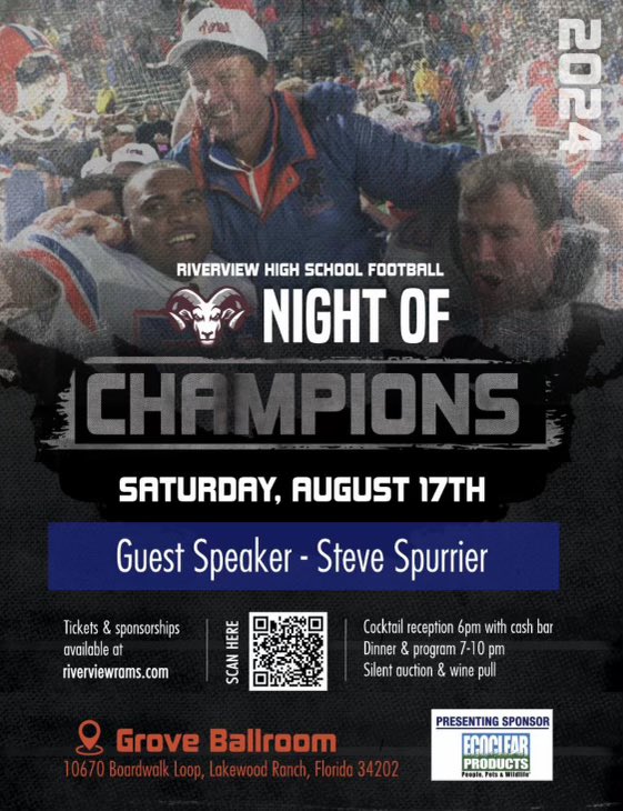 You have 24 hours remaining to purchase your spot to hear Steve Spurrier speak at Night of Champions.  It will be a packed house and you won’t want to miss this experience 🐏 !!!! riverviewrams.com/product/night-…