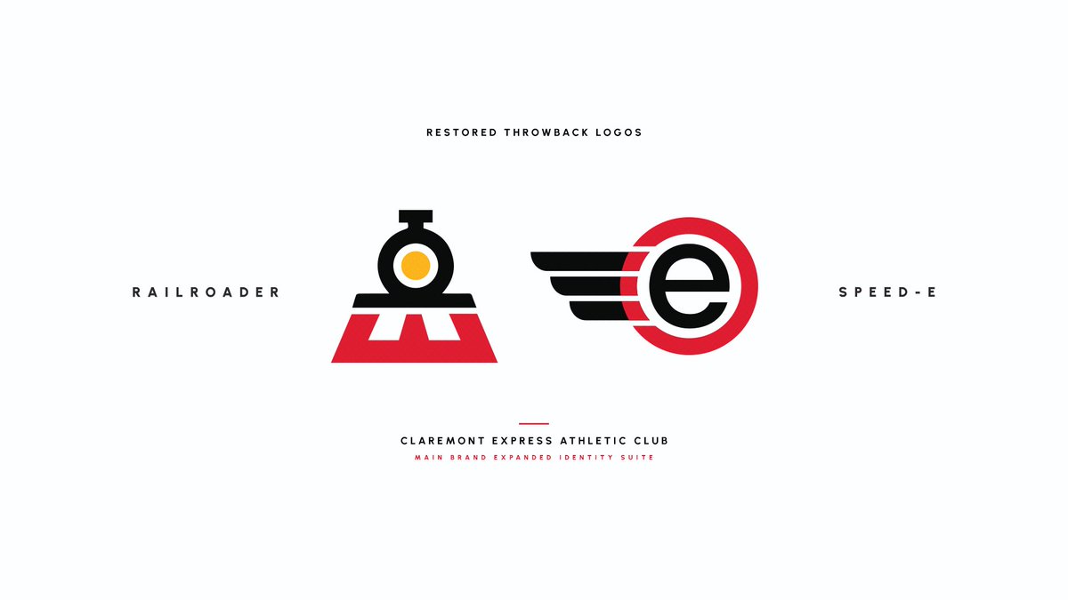 CmontExpress's tweet photo. And FINALLY, presenting our new and improved throwback marks.  

Featuring a refined version of our original Express logo, the "Speed-E" (or Speedy), and new addition our "Railroader" mark, which is an imagined version of what our train logo might've looked like back then, inspired by the several dozen sketches of crappy train drawings we threw away over the years.

Fun fact: In true millennial fashion, the original Speed-E was actually a clip art logo.

#ExpressProud