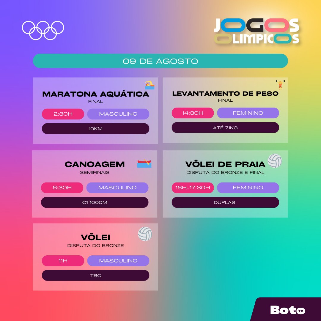Bototvoficial's tweet photo. 🇧🇷 Brasil nos Jogos: De quinta a sexta!

Tudo isso e muito mais no seu celular ou sua TV... bora mergulhar no Boto TV?

#BotoTV #JogosOlimpicos #EsporteAoVivo #TVaoVivo #voleibol https://t.co/PvTrFiYLav
