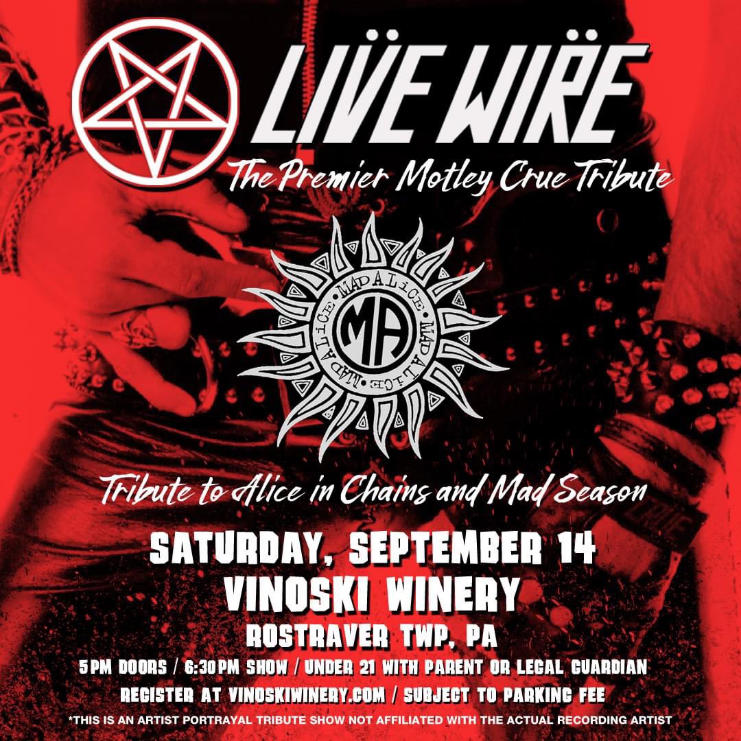 LiveWireTrib's tweet photo. NEW SHOW ANNOUNCEMENT!! Drusky Entertainment Presents
Live Wire - The Motley Crue Tribute
with Mad Alice - an Alice in Chains Tribute
Saturday, September 14th 2024
Doors: 5:00PM /Show: 6:30PM
Vinoski Winery (Rostraver, PA)

Register here now: https://t.co/Axe5f5NPNS https://t.co/s9Rd9JahnI